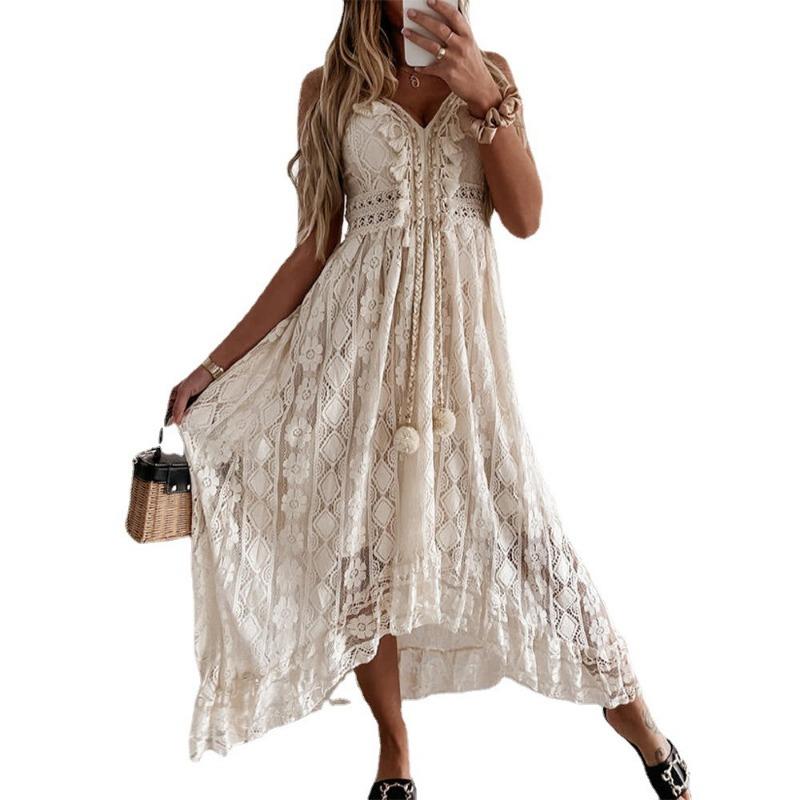 Summer Women's Fashion Temperament V-neck White Lace Irregular Maxi Dress