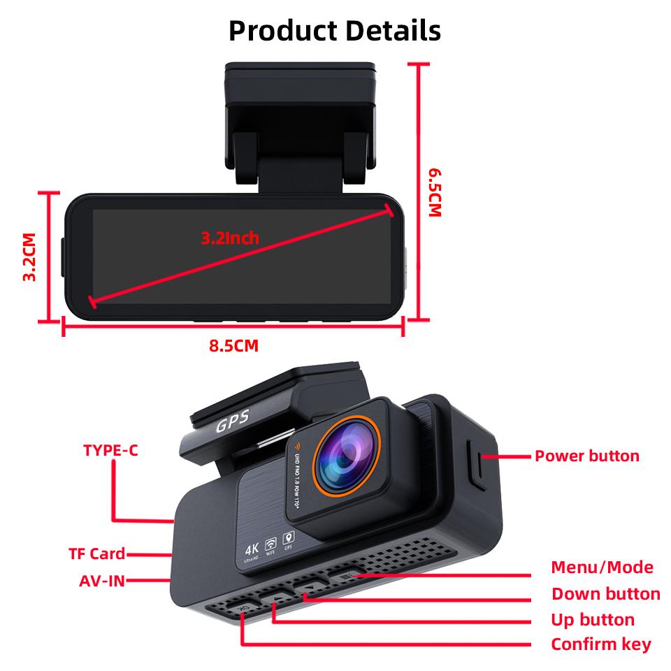 E-ACE Mini Dashcam 4K Car DVR 3.2 IPS Screen Support GPS Speed Display APP WIFI Control 2.5K Rear View Camera 2025 New