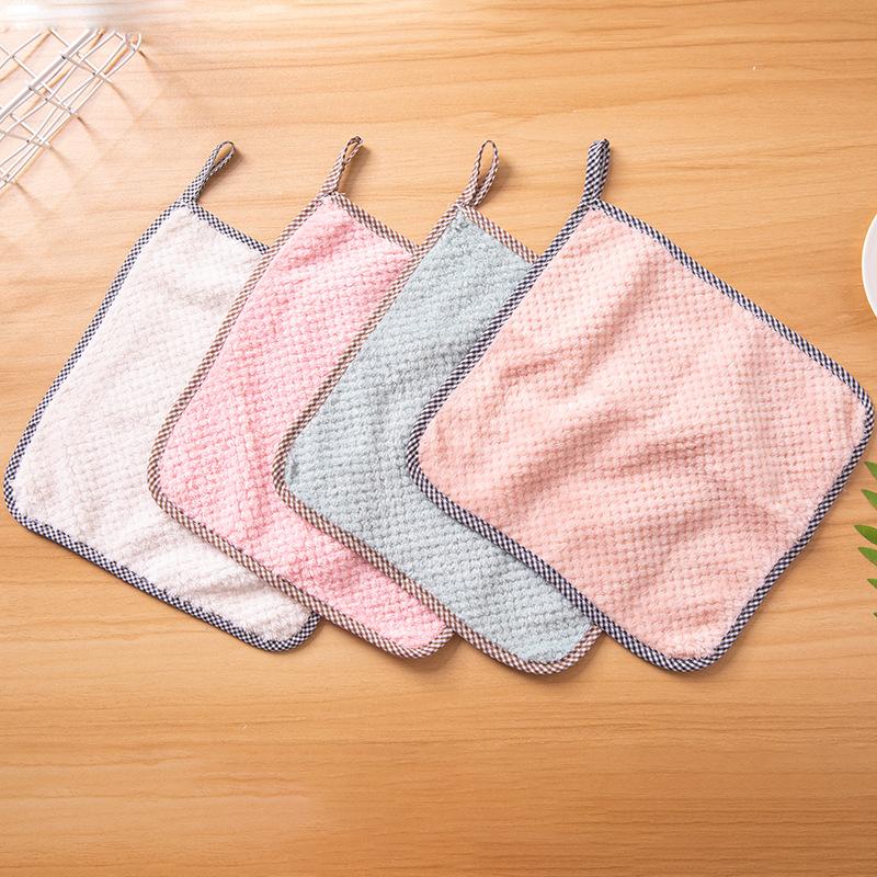 Coral Fleece Hanging Teak Edge Cleaning Cloth Coral Fleece Hand Towel Kitchen Absorbent Dish Cloth Scouring Pad