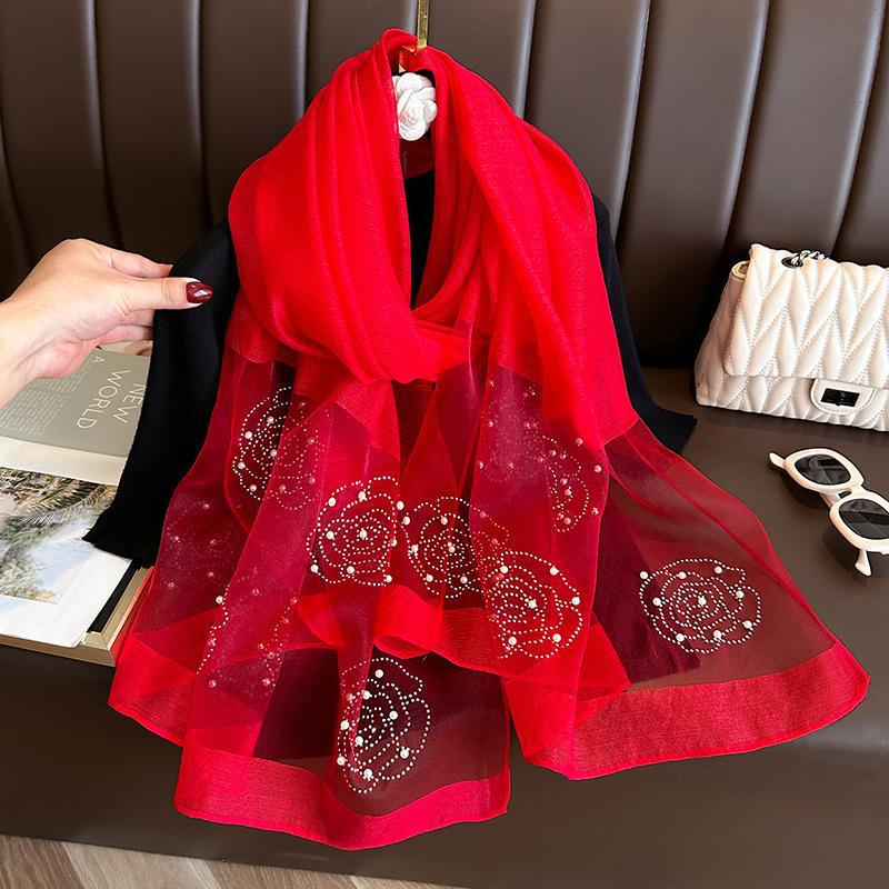 Elegant Organza Silk Scarf With Beads Solid Color 190*70Cm Long Scarves Embroidery Flowers Pearl Solid Shawls For Women Hijab