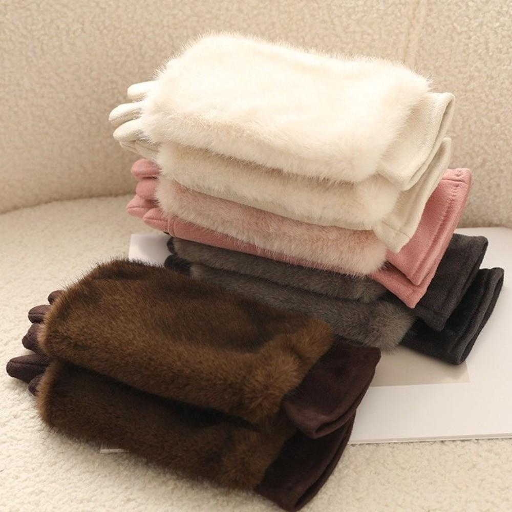 Solid Color Women Winter Gloves Rabbit Faux Fur Thermal Mittens Fashion Suede Gloves Girl