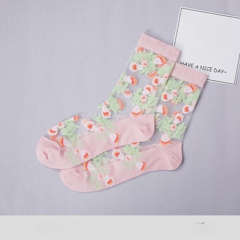 Summer Women Socks Ultra-thin Transparent Crystal Silk Socks Women Cartoon Print Japanese Kawaii Cute Funny Elastic Long Socks