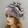 Gestrickte Hut Frauen Natürliche Pelz Rex Kaninchen Floral Kappe Echten Pelz Flauschigen Stilvolle Weibliche Hauben