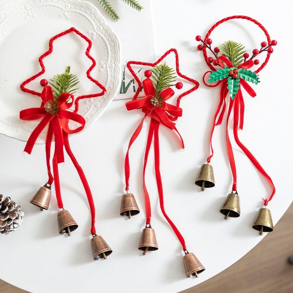 Iron Retro Christmas Bell Red Star Bow Car Decoration Xmas Tree Hanging Bells  Home Decoration