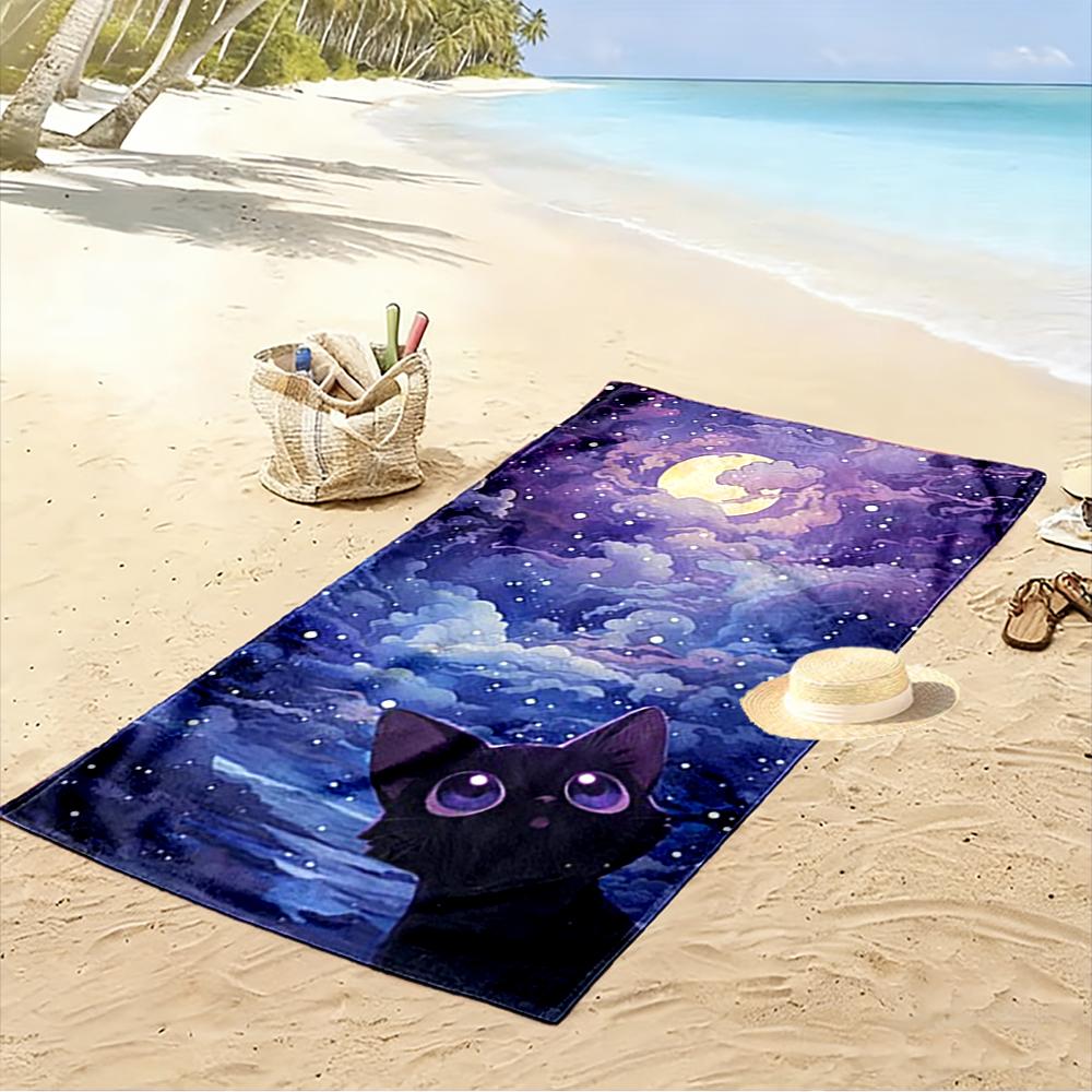 Black Cat and Moonlit Night Sky Beach towel quick-drying for travel outdoor sports jogging beach and swimming