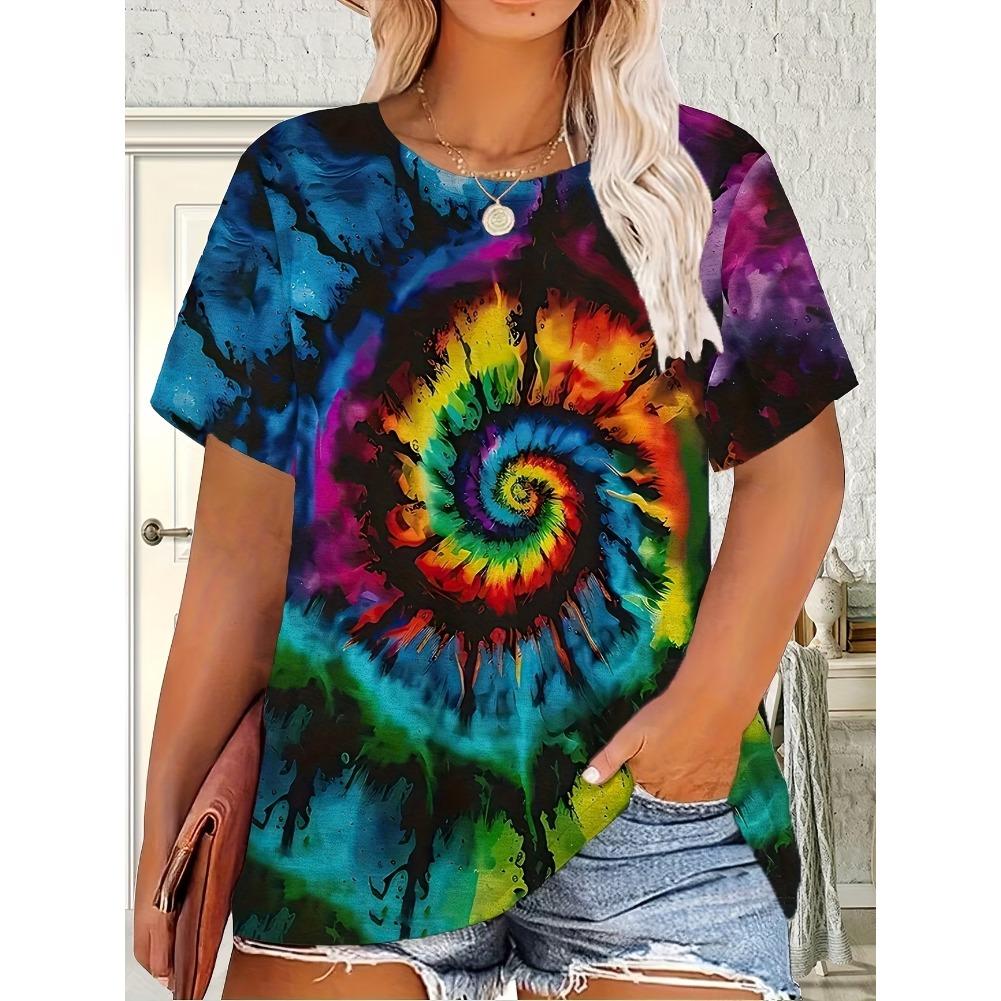 Plus Size Casual Crew Neck Short Sleeve Stripe Print T-Shirt - Soft Stretch Polyester Fabric Spring and Summer Womens Relaxed Fit Clothing