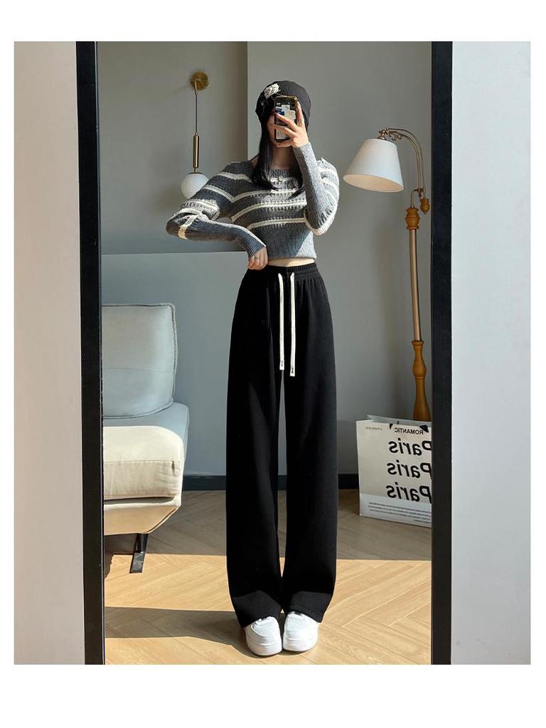 Women's High-Waist Fleece-Lined Wide-Leg Pants - Soft, Knitted, Loose-Fit for Autumn/Winter.