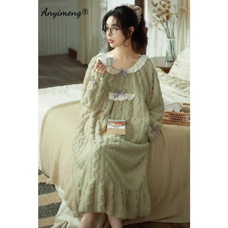 

Элегантные женские зимние ночные рубашки из жаккардового бархата с длинным рукавом, женская ночная рубашка M-4XL до середины икры, большие размеры, женская термоночная рубашка M