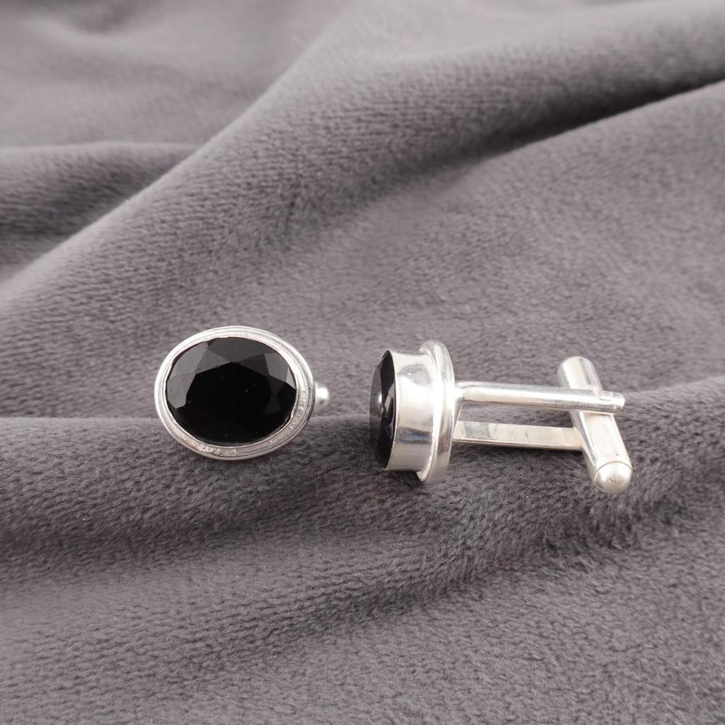 Black Onyx Gemstone 925 Sterling Silver Handmade Jewelry Cufflinks 0.59" For Him CL-2-17