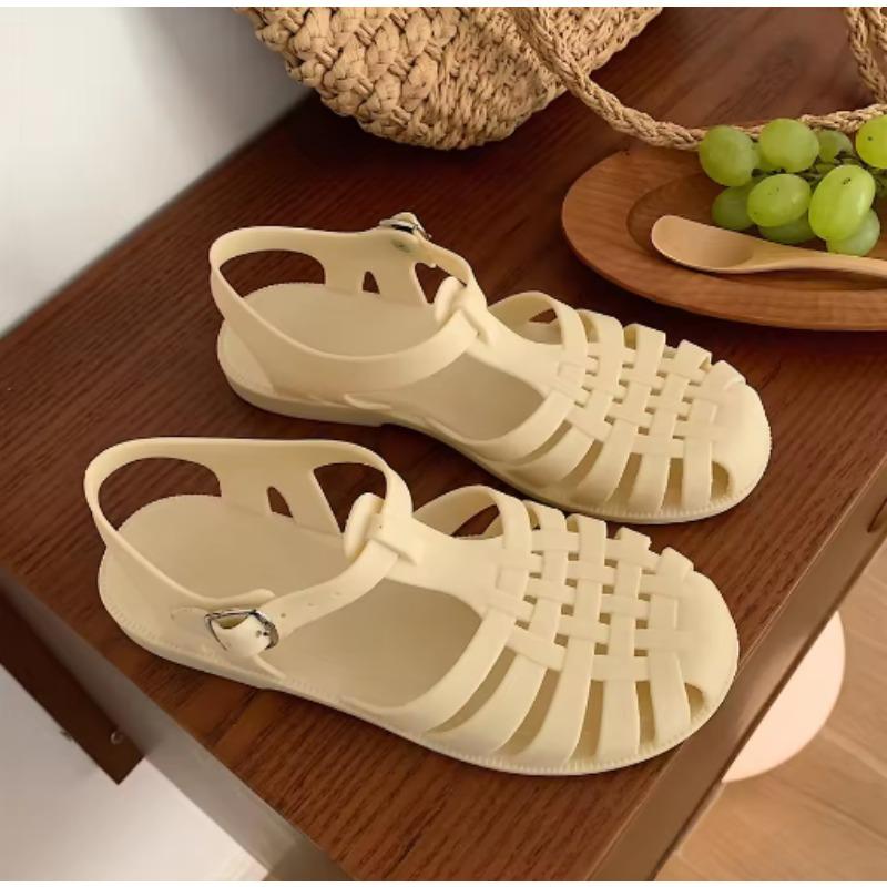 Fashion Retro Woven Roman Sandals Women's Summer Korean Sle Fairy Wind Flat Bot Jelly Oes Beach Oes Breathable Open Toe