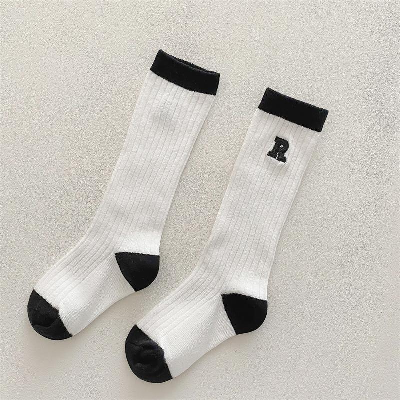 Letter Stripe Kids Girl Knee HighSocks Fashion Balck White Children Stockings Soft Cotton Knee Protection Long Sock Sokken Sox