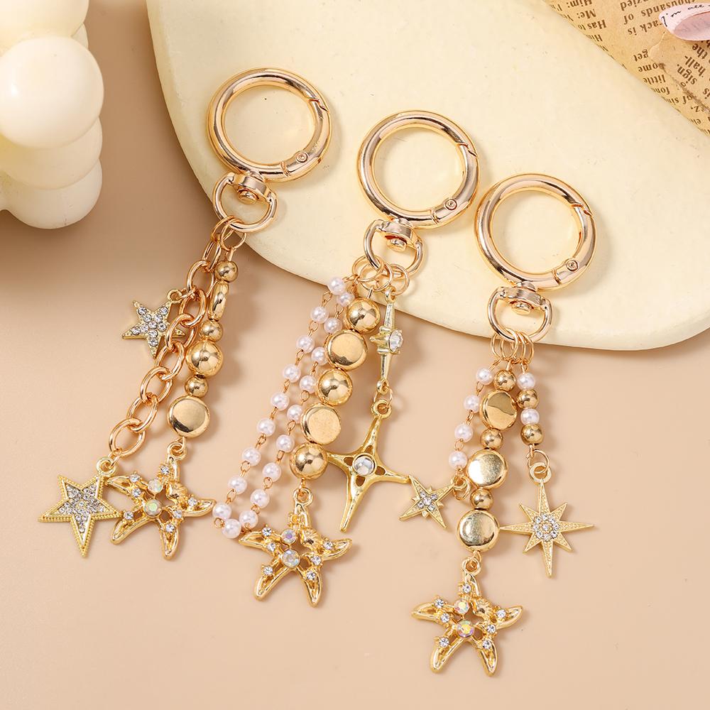 Cute Alloy Star Keychain Handmade Beaded Key Ring Pendants for Women Girls Handbag Decor DIY Key Chain Jewelry Gifts