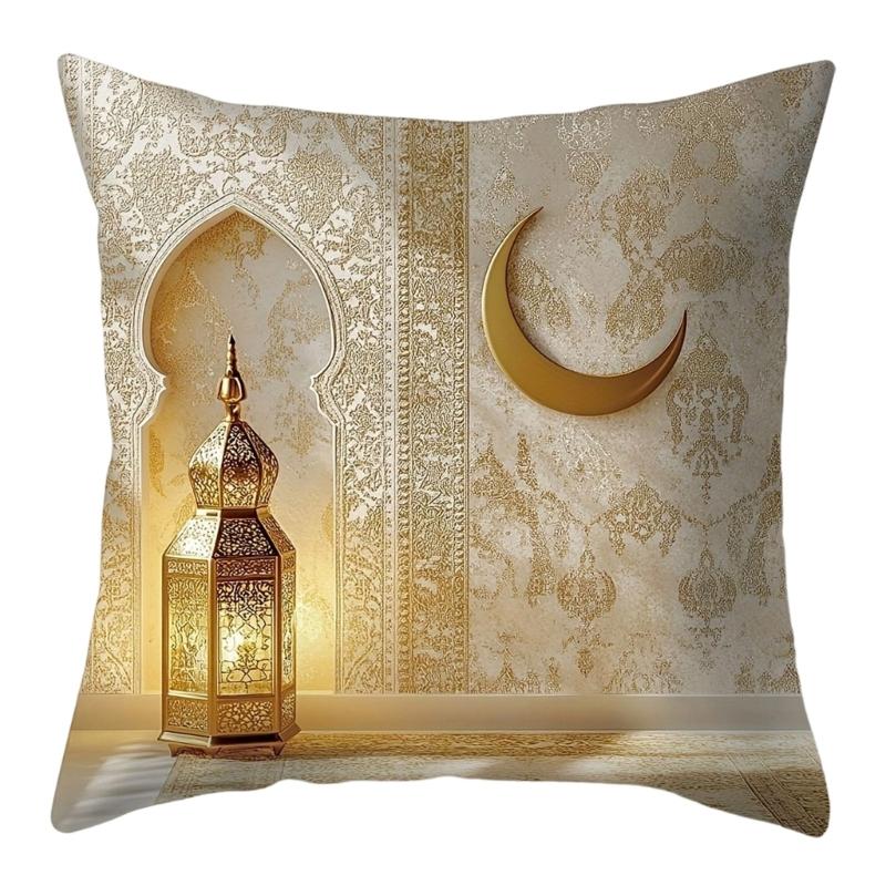 Soft Short Plush Cushion Cover Gold Moon Ethnic Festival Print 45x45cm Standard Size for Home Decoration
