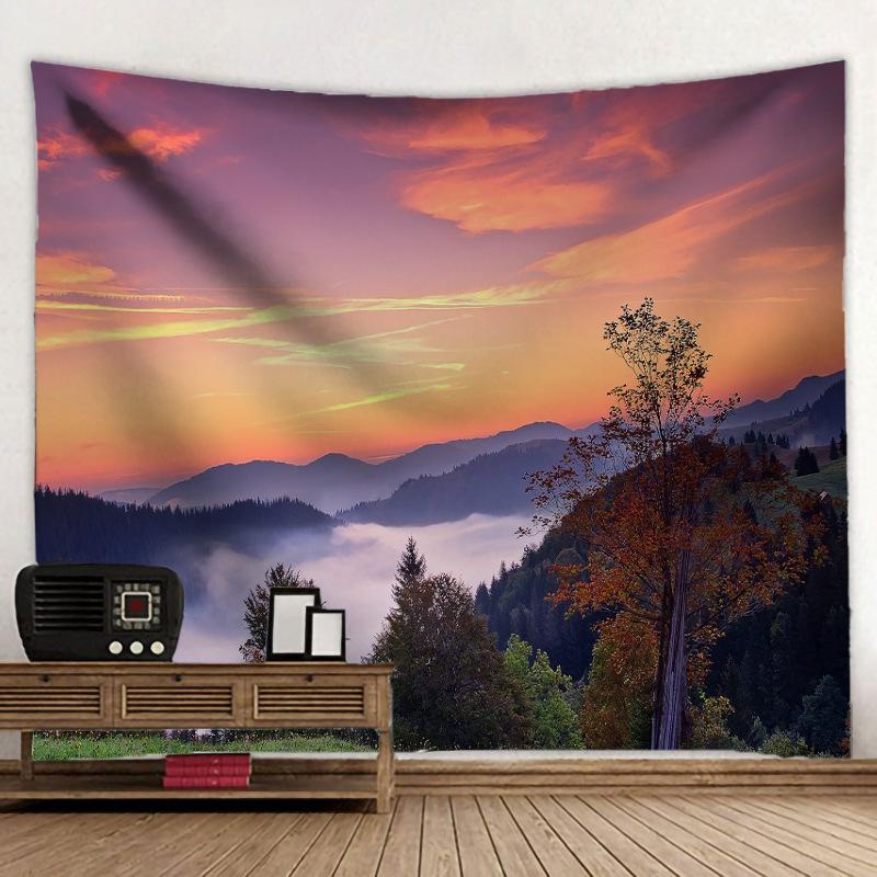 Mountain Peak Sunset Landscape Tapestry 3D Forest Waterfall Landscape Wall Hanging Home Background Cloth Decor Garden Poster
