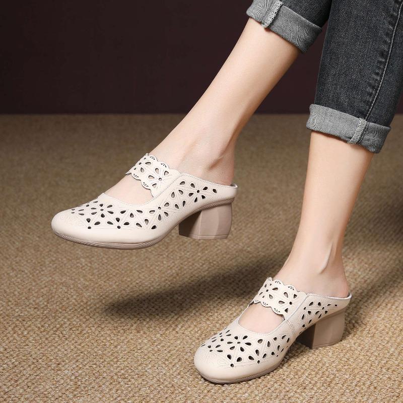 New summer first-layer cowhide cool slippers women's slippers wear fashionable and versatile retro bag head slippers