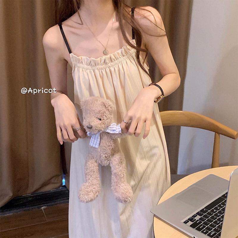 Mädchen Koreanischer Prinzessinnenstil Rüschen Einfach Süß Pyjama Damen Sommer Herbst Träger Mittellang Nachthemd Hauskleidung