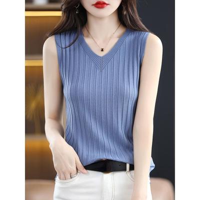 Canottiera in Maglia con Colletto in Seta Ghiaccio da Donna Nuovo Abbigliamento Estivo con un Abito con un Top Base T-shirt Slim Senza Maniche