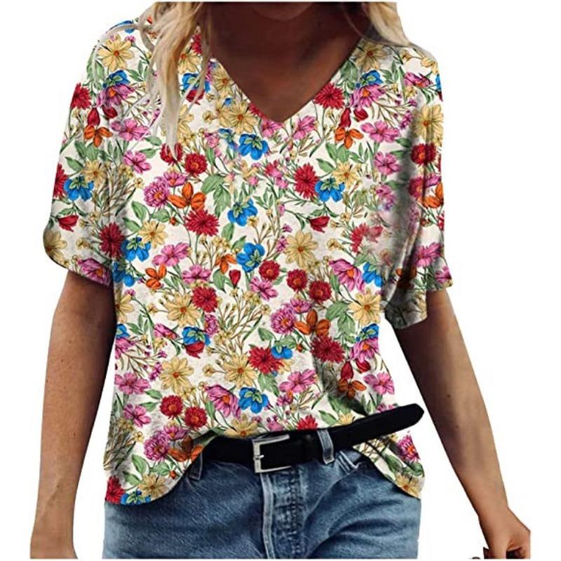 Summer V-neck 3D Feather Flower Printed Top Fashionable Casual Short Sleeved Women's T-shirts