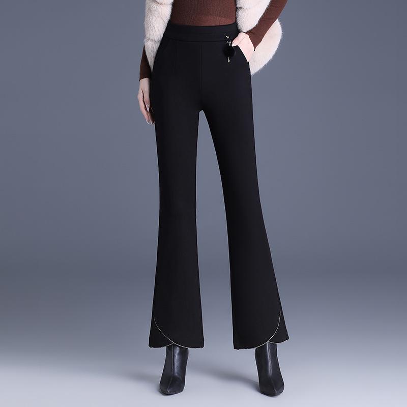Women's Black Silk Cotton High-Waist Winter Pants - Slimming, Warm, Thickened, Korean-Style, Versatile, Stylish, Slightly Flared.