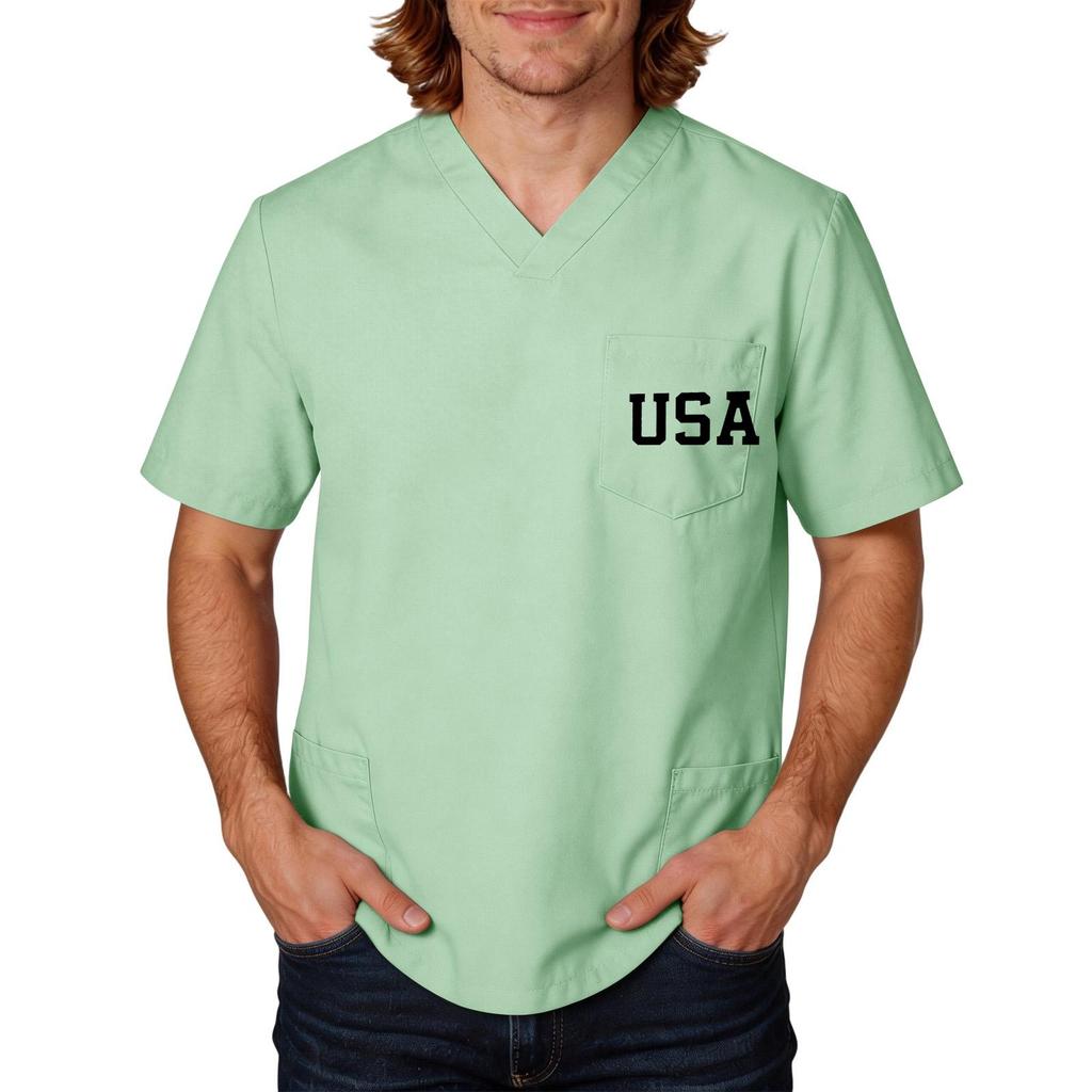 Men's Short Sleeve V-Neck Pocket T-Shirt with Labor Day Print, Uniform Top