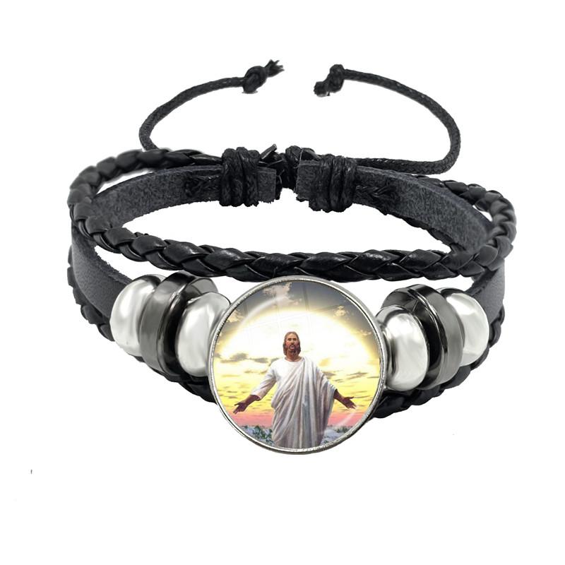 Virgin Mary Baby Jesus Christian Catholicism Jewelry Black Button Leather Bracelet Blessed Mother Religious Glass Cabochon Gift