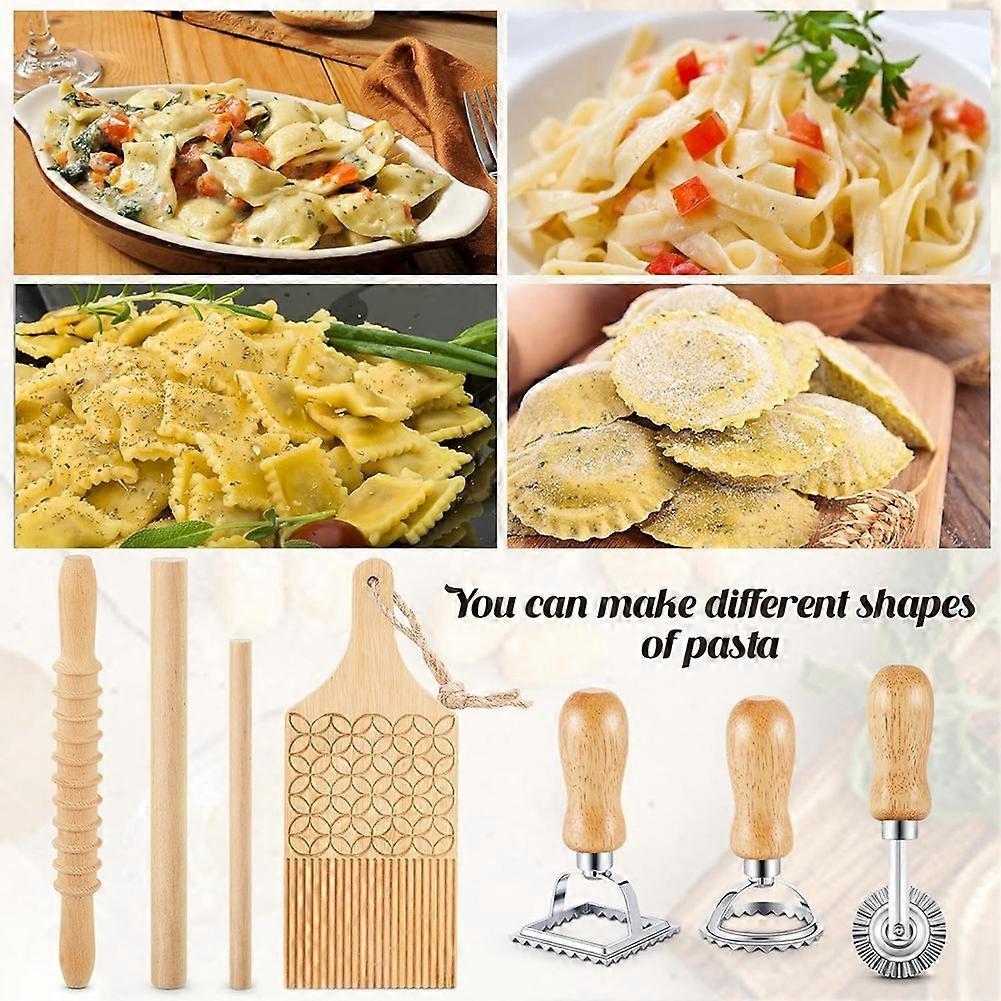 7-Piece Gnocchi Pasta Making Tools, Wooden Pasta Board with Ravioli Stamp and Rolling Pin Set, for Homemade Pasta