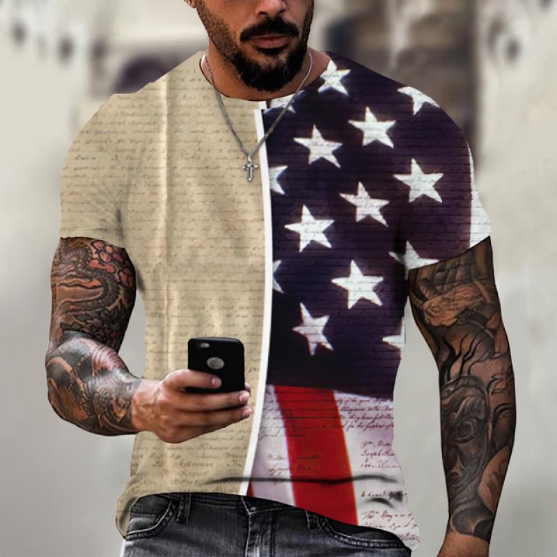 Letní tričko Muži Krátký 3D potisk Módní topy Ležérní Tričko Americká vlajka Košile s rukávem Harajuku Tričko nadměrné velikosti Street Clothing