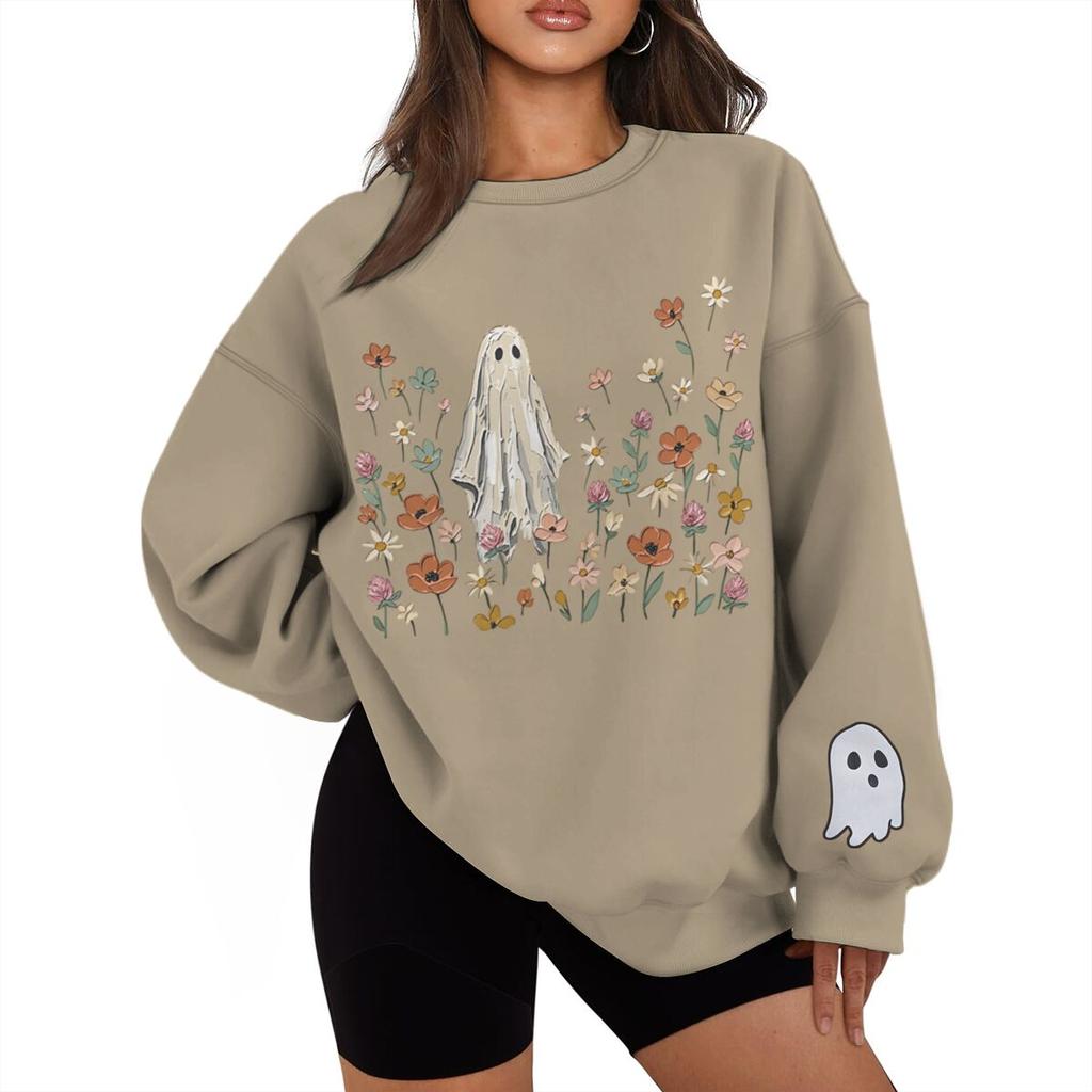 Vintage Halloween Floral Ghost Print Sweatshirt Women Men Crew Neck Long Sleeve Casual Pullover Halloween Sweatshirts Gifts