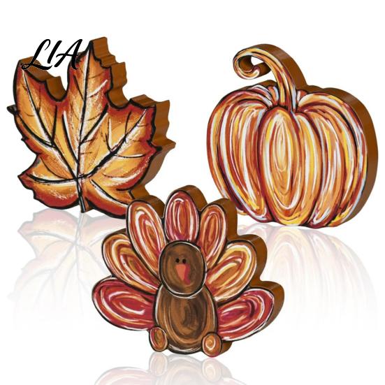 Autumn Harvest Table Decorations 3Pcs Thanksgiving Wooden Block Signs, Fall Pumpkin Turkey Maple Leaf Tabletop Display Ornaments Decor, Farmhouse