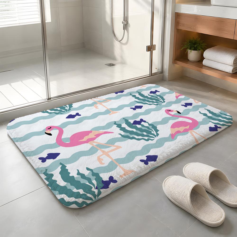 Cabana Stripe Flamingo Floor Mat Machine Washable Soft Flannel Area Rug, Non-Slip Absorbent Floor Mat for Living Room Bedroom