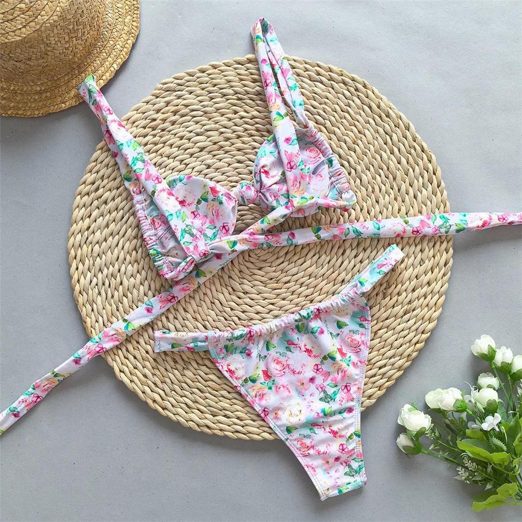 Tie Dye Flowers Printed High Leg Cut Bikini Female Swimsuit Women Swimwear Two-pieces Bikini set Bather Bathing Suit Swim