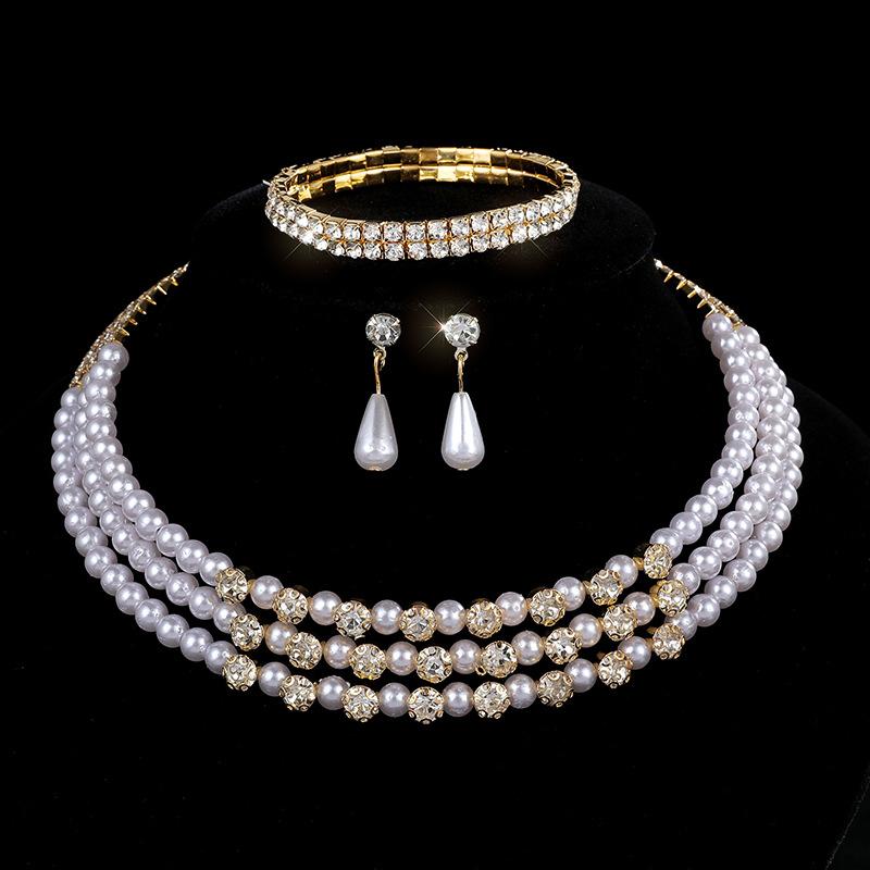 Bridal Pearl Full Diamond Necklace Necklace Diamond Imitation Pearl Bracelet Earrings Necklace Set Women