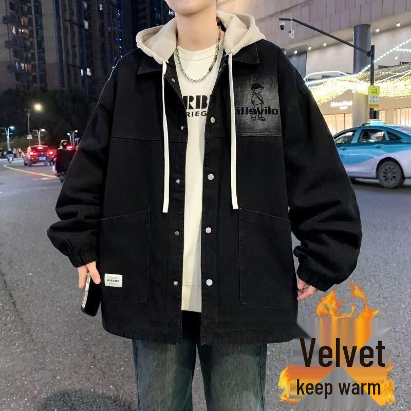 Youth Warm Velvet-Lined Denim Jacket - Trendy Hooded, Loose-Fit Casual Top for Autumn and Winter XXXL