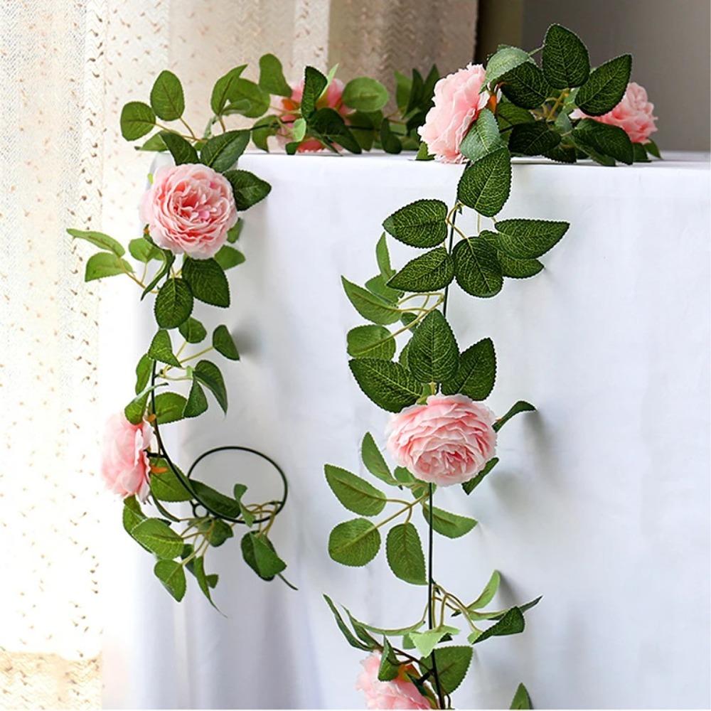 Artificial Pink Silk Peony Big Flowers Vines Ivy Rattan Wedding Party Wall Hanging Garland Home Garden Decoration Green Plants