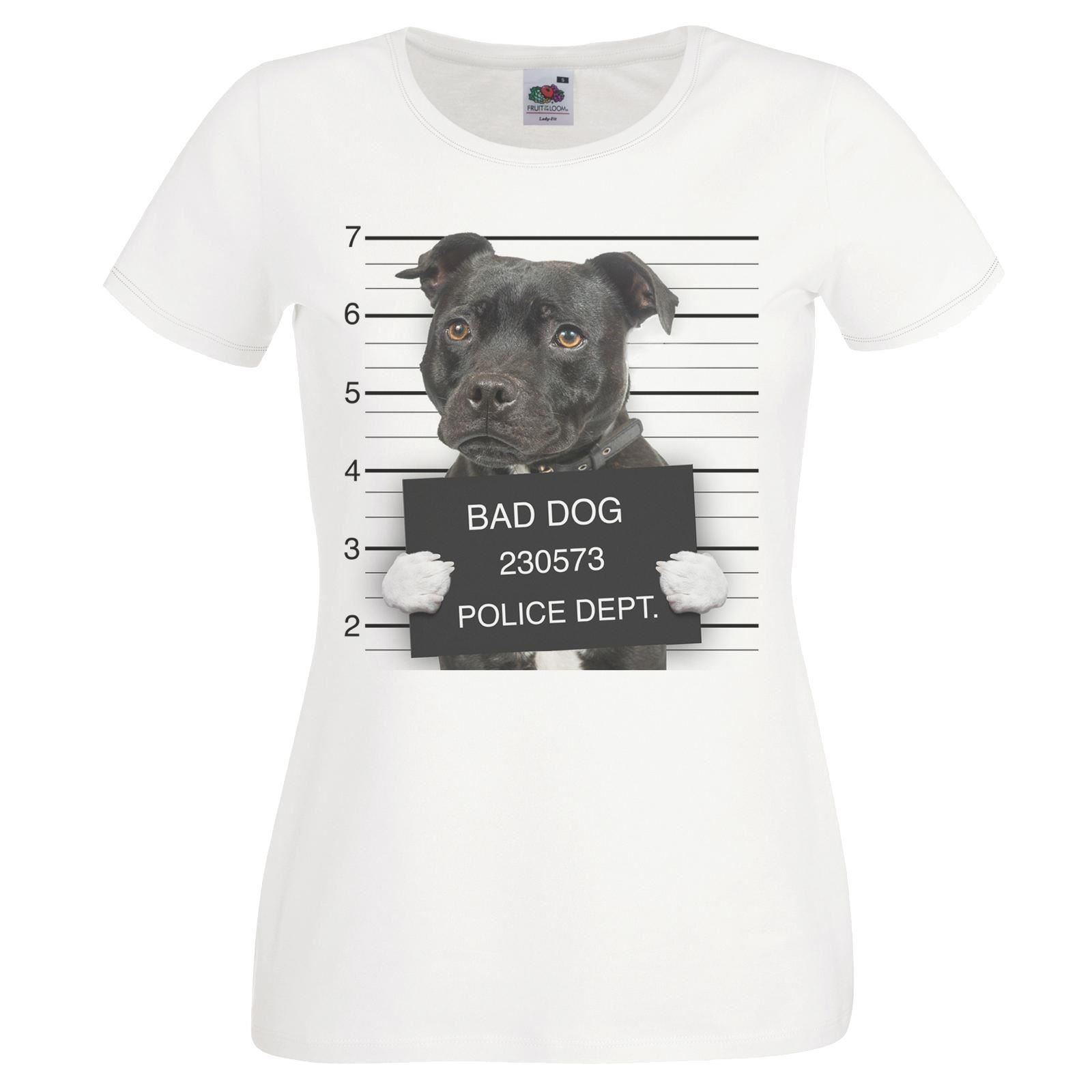 Ladies White Dog Mugshot Staffordshire Bull Terrier Criminal Canine TShirt S