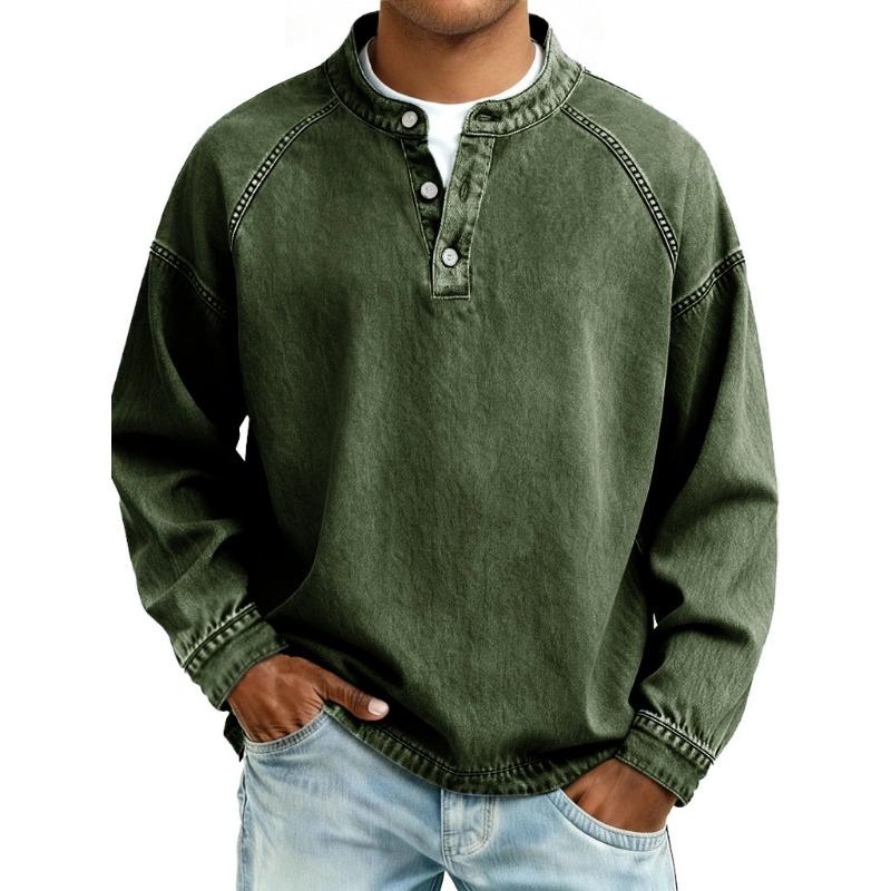 Men S Vintage Washed Stand Collar Long Sleeve Loose Solid Color Sweatshirt