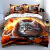 3Pcs Autumn Cat Bedding Set Cute Gray Kitten with Fall Leaves Print Duvet Cover + 2 Pillowcases Cozy Seasonal Decor