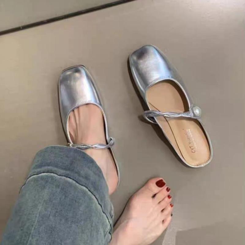 Women's Flats Summer BaoTou Half Slippers Mary Janes Shoes Luxury Square Toe Slippers for Women 2025Flat Slippers Zapatos Mujer