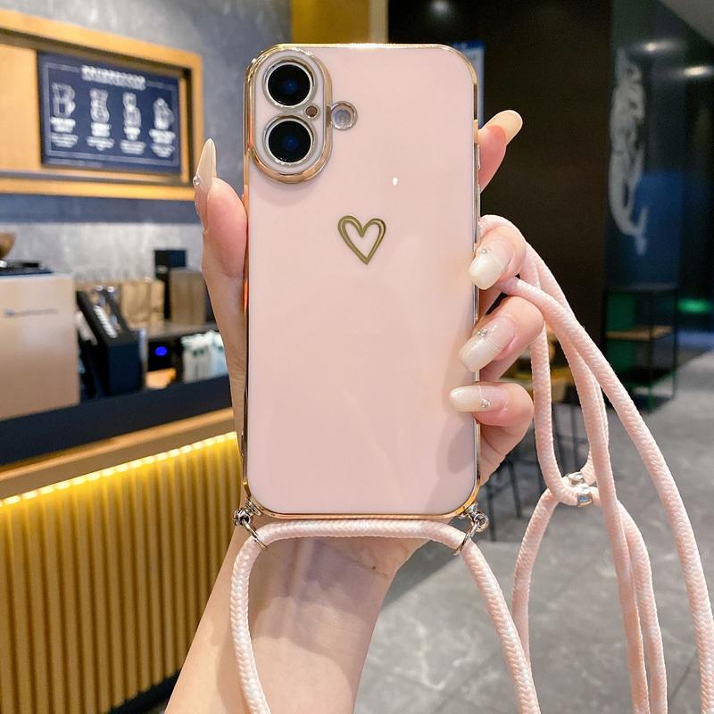 Husă Moale TPU cu Placare cu Imprimeu Inimă Iubire Pentru iPhone 16 Pro Max 15 Pro 14 Pro 13 12 11 Șnur Crossbody Rezistentă la Șocuri Protecție Obiectiv Husă Luciosă pentru Telefon