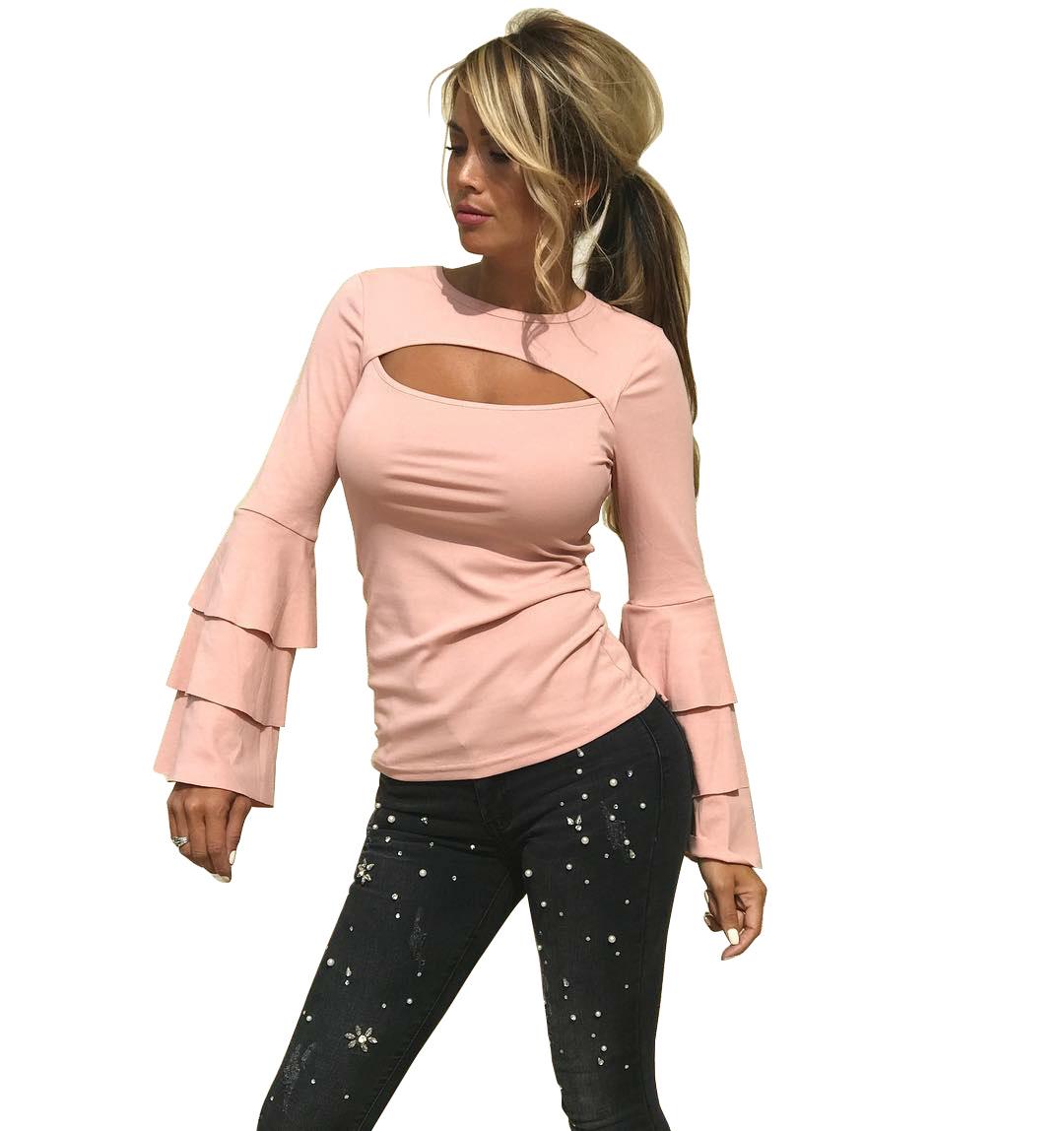 

В наличии! Европейский и американский осенне-зимний сексуальный топ с круглым вырезом и рукавами-клеш с низким вырезом Small розовый