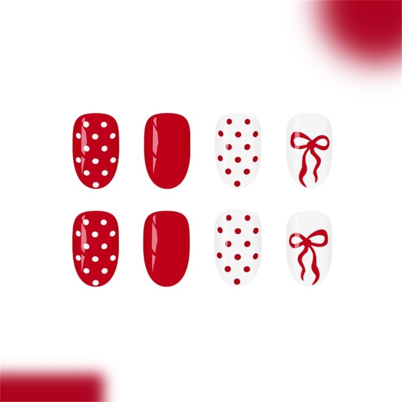 24Pcs French Manicure Fake Nail Red White Dotted Pattern Artificial Fingernails For Daily Use Special Party Wedding