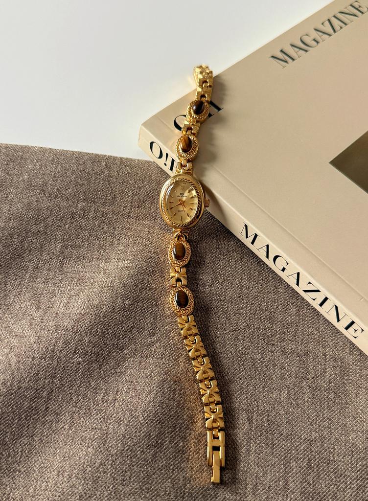 Tiger eye Stone Amber Small Gold Watch Bracelet for Women, Light Luxury, Retro Fashion, Quartz Watches for Women Gift Collection