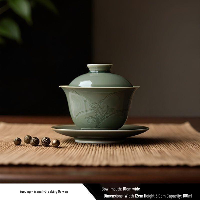Celadon Ruyi Tea Set: Embossed Gaiwan, Teapot, Cup, Can, and Ornament