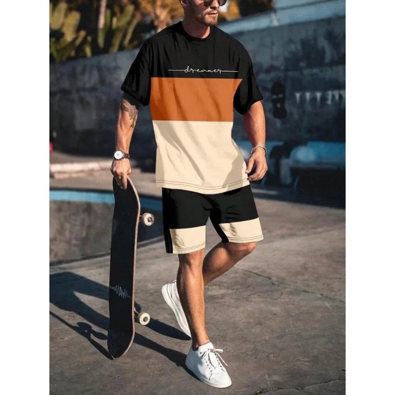 Pantaloni scurți sport cu mânecă scurtă pentru bărbați, set casual din două piese, jurnal de stradă, Harajuku, imprimeu digital lejer, vară,