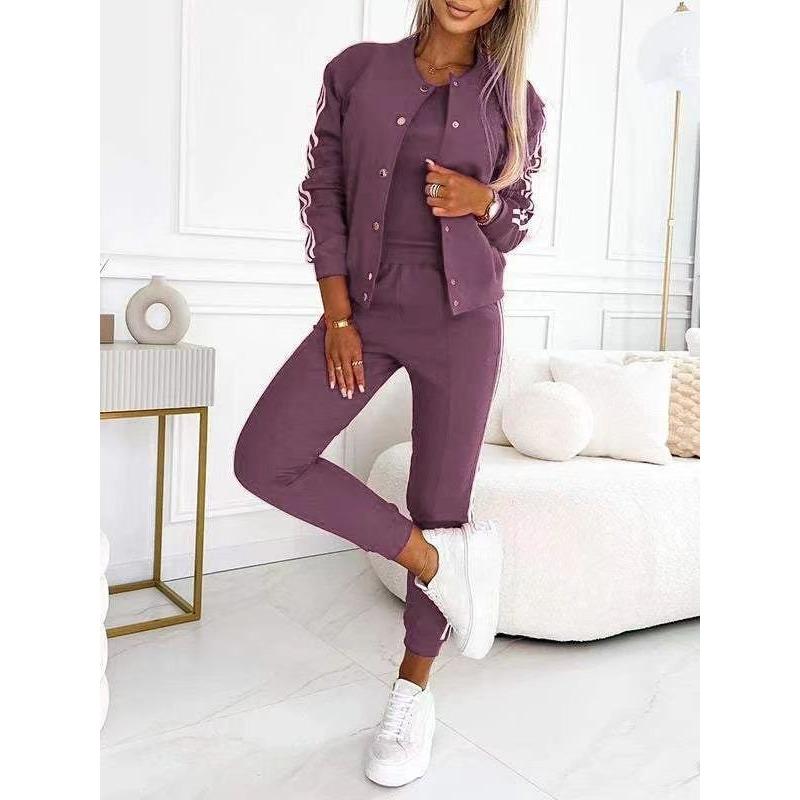women's Striped Long Sleeve Bomber Jacket Cami Top Jogger Pants 3 Piece Tracksuit Outfit Set