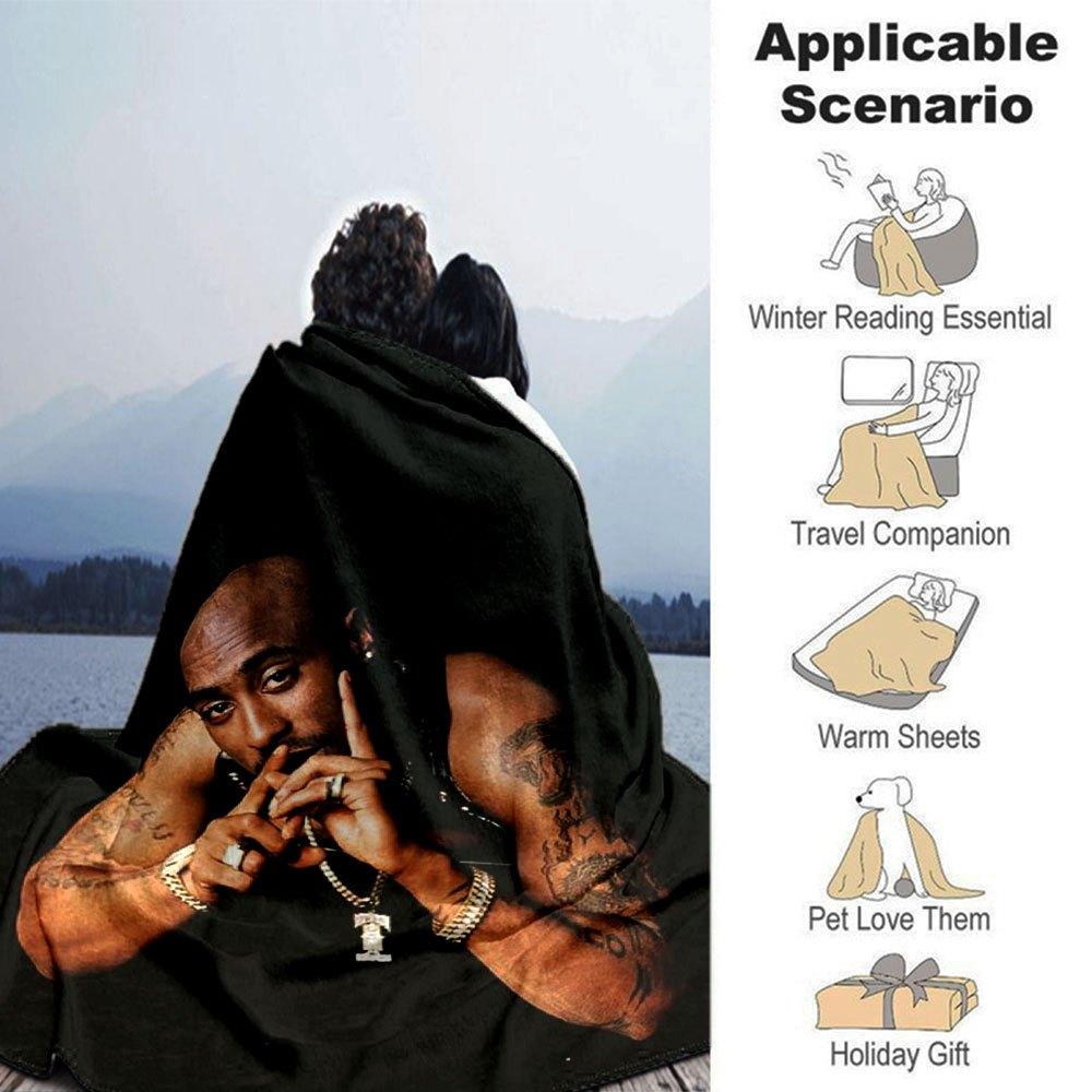 1pc 2PacHip Hop Blanket Soft Lightweight All Season Multi Purpose Throw for Sofa, Bed, Office & Picnics, French Style with Iconic Album Art & Quotes