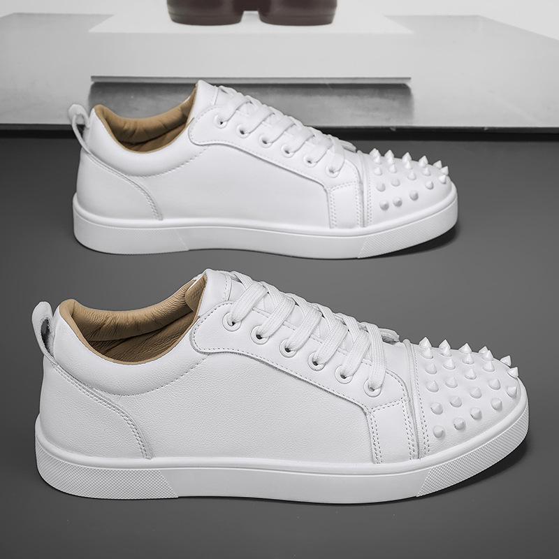 Men's White Microfiber Leather Rivet Low-Top Sneakers - Stylish Autumn Casual Shoes