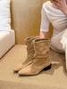 Autumn Slack! Khaki Pointed-tipped Pleated Booties Women's Autumn Suede Thick-heeled Martin Boots