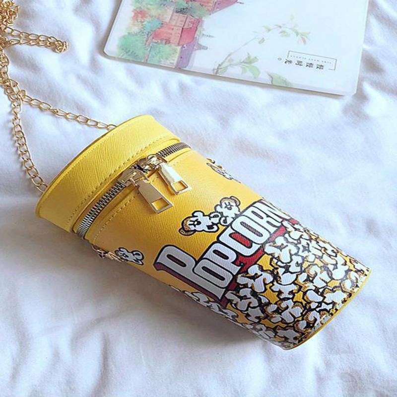 Popcorn Design Bucket Bag, Chain Crossbody Bag, Creative Cylinder Purse For Women, PU Leather Textured Bag Purse, Fancy Fashion Shoulder Bag