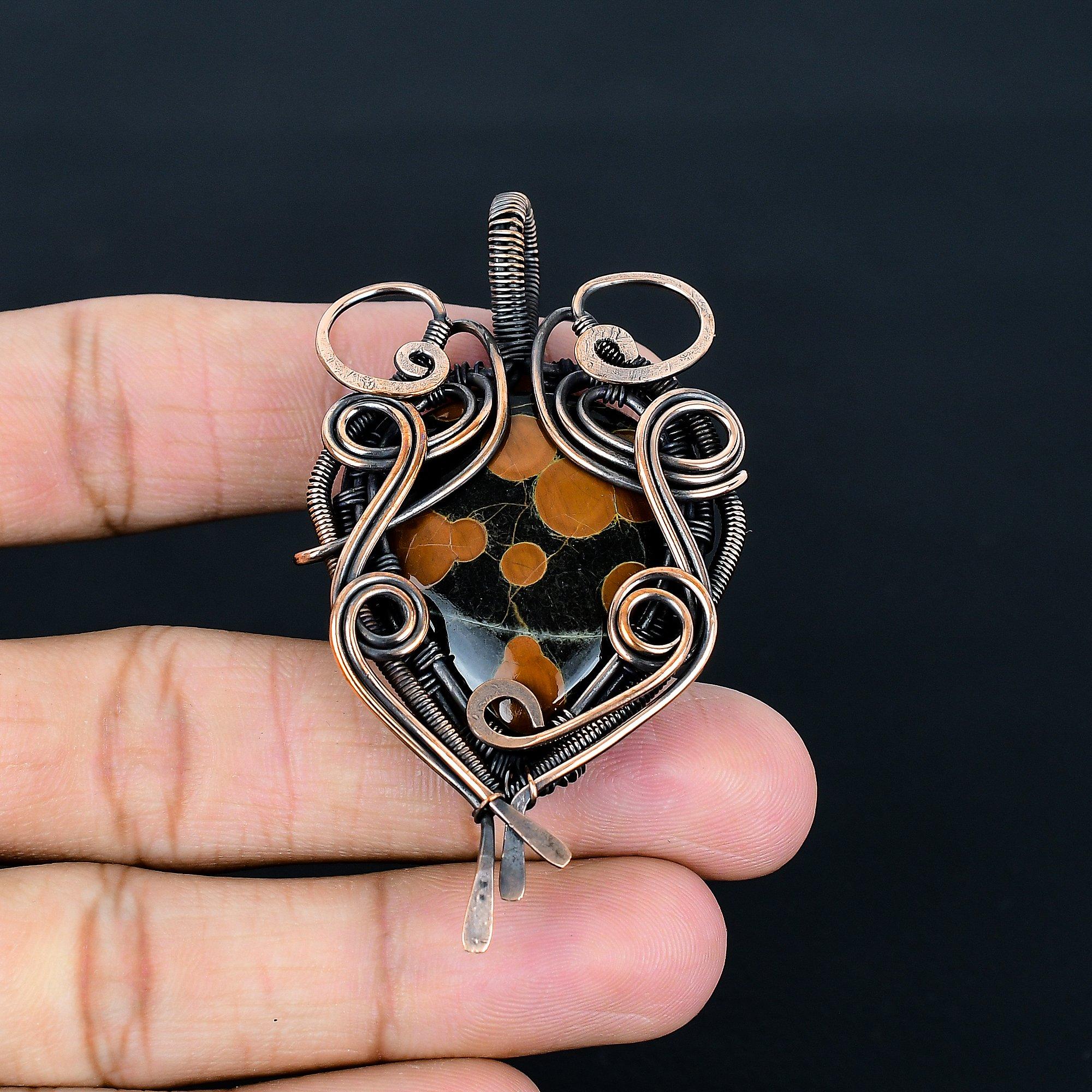 

Peanut Obsidian 999 Copper Wire Wrapped Pendant, Handmade Gemstone Jewelry Pendant Gift For Birthday 2.55 Inches